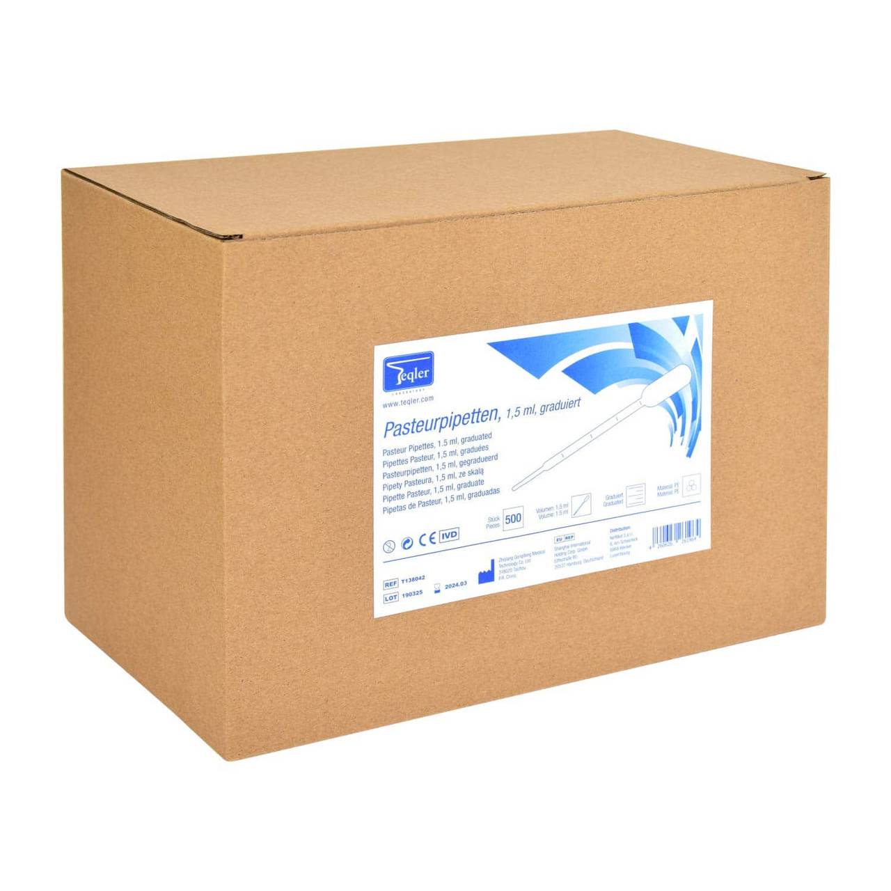 Teqler Pasteur pipettes 1.5ml graduated, bulk box of 500 disposable pipettes