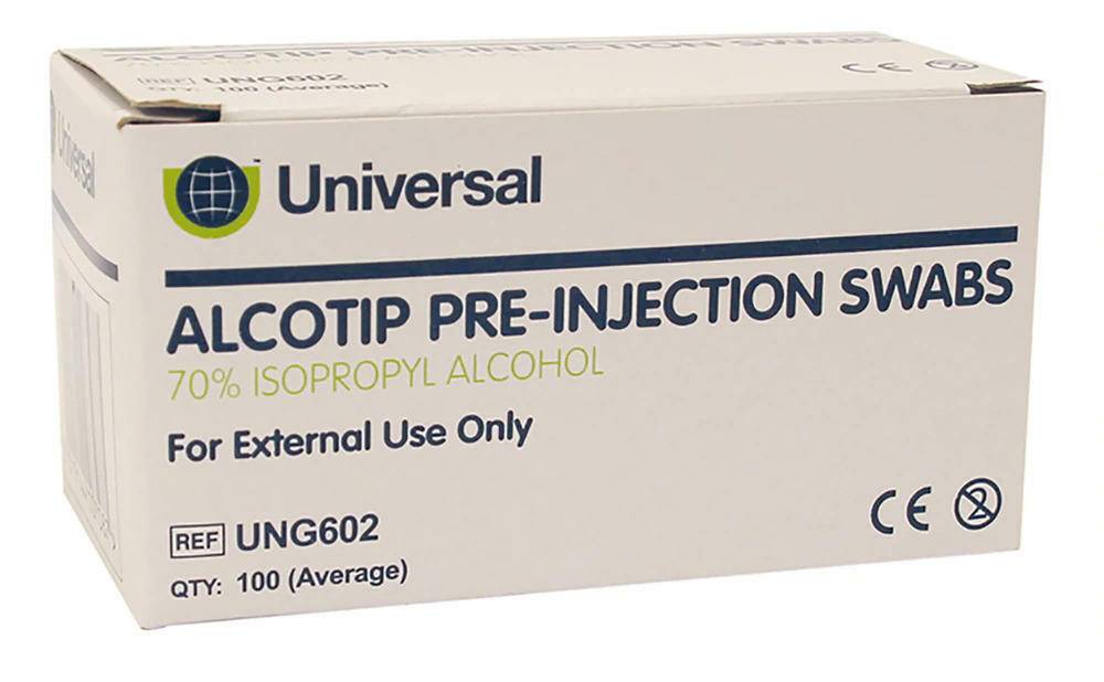 Universal Alcotip pre-injection swabs with 70% isopropyl alcohol, box of 100