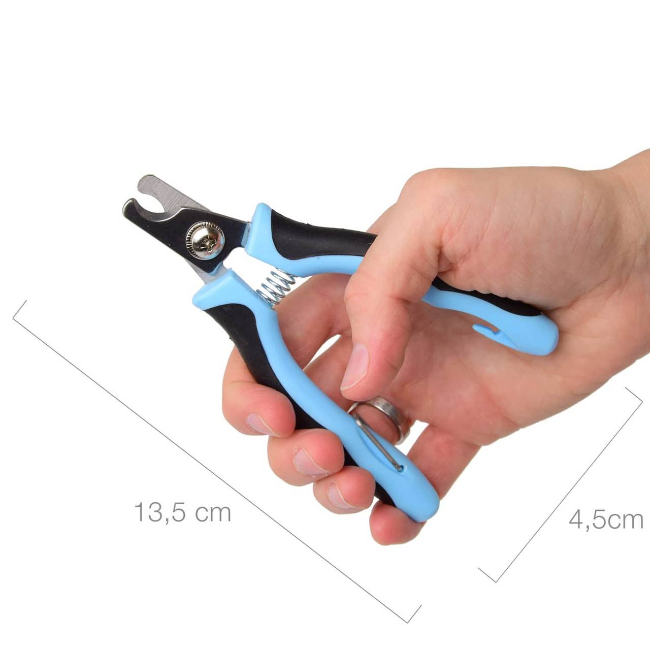 Blue and black pet nail clippers with spring handle, 13.5 cm length, shown in hand for scale