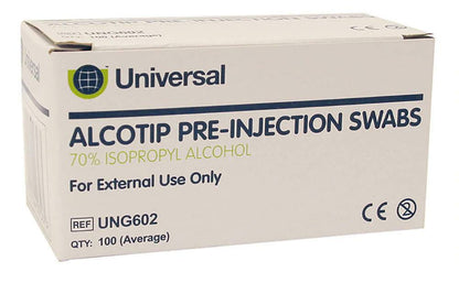 Universal Alcotip pre-injection swabs with 70% isopropyl alcohol, box of 100