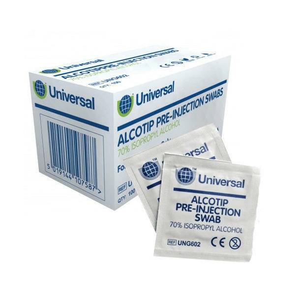 Universal Alcotip pre-injection swabs 70% alcohol box of 100