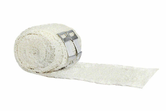 White crepe bandage roll with metal fasteners for secure support and dressing