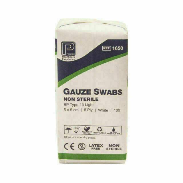 Premier Gauze Swabs: 5 x 5 cm 8 Ply x 100 - UKMEDI