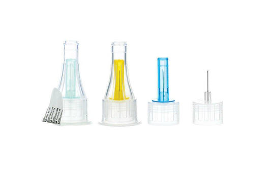 A set of Sol-M pen needles displayed in different colors, each with a white needle attached.