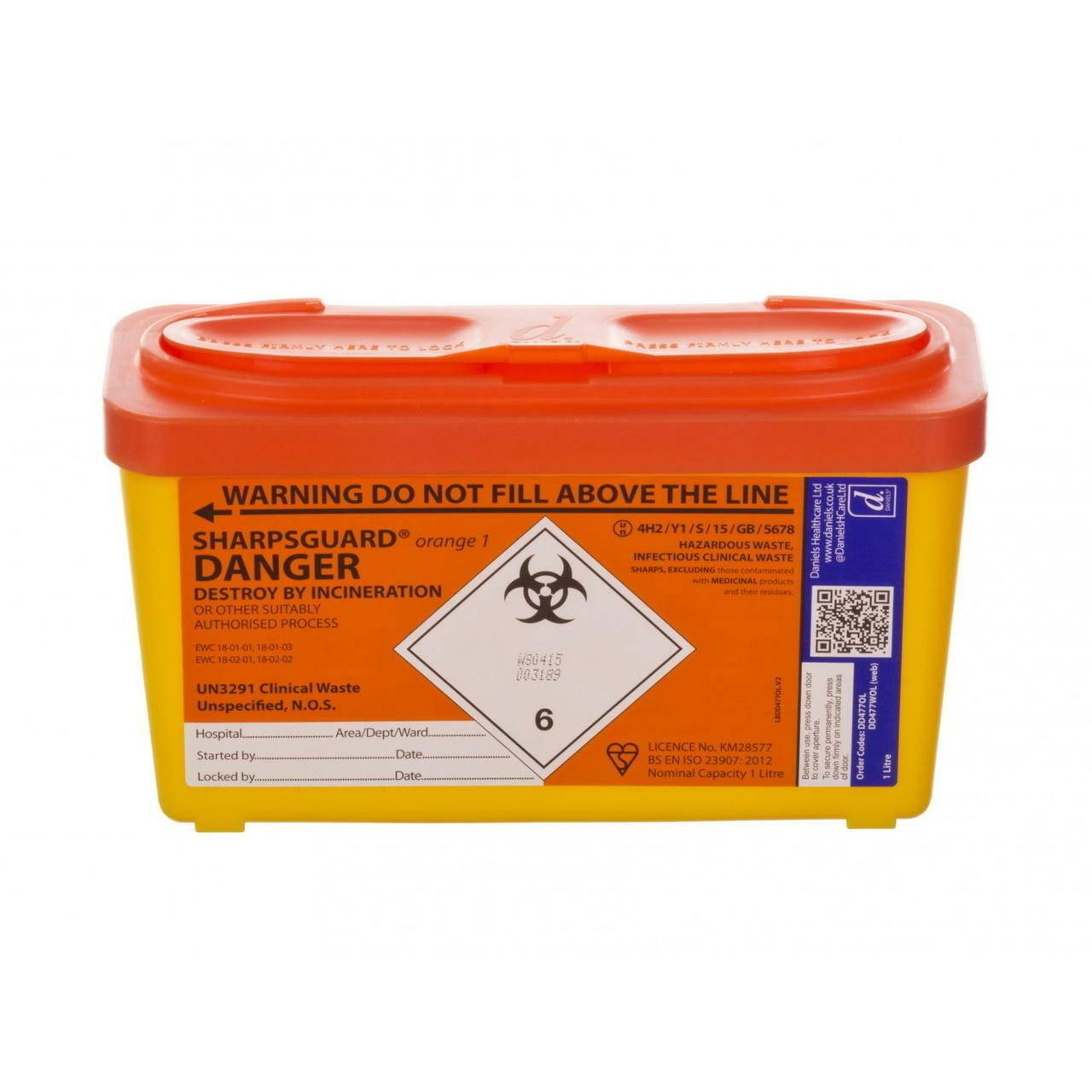 1 Litre Sharpsguard Orange Sharps Bin