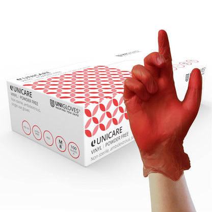 Unicare Red Vinyl Powder Free Box of 100 Gloves - UKMEDI - UK MEDICAL SUPPLIES