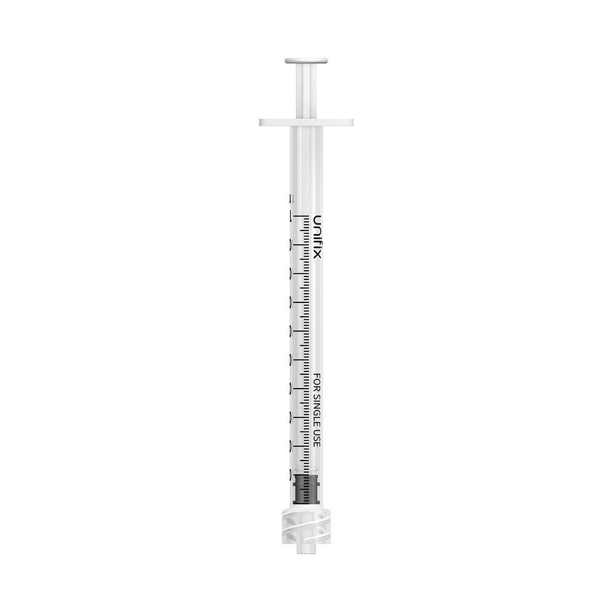 Unifix 1ml luer lock syringe for single use, clear barrel with black measurement markings