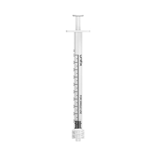 Unifix 1ml luer lock syringe for single use, clear barrel with black measurement markings